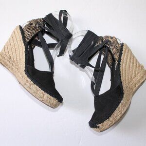 MIA Black Lace Up Canvas Jute Espadrille Wedge Sz 5